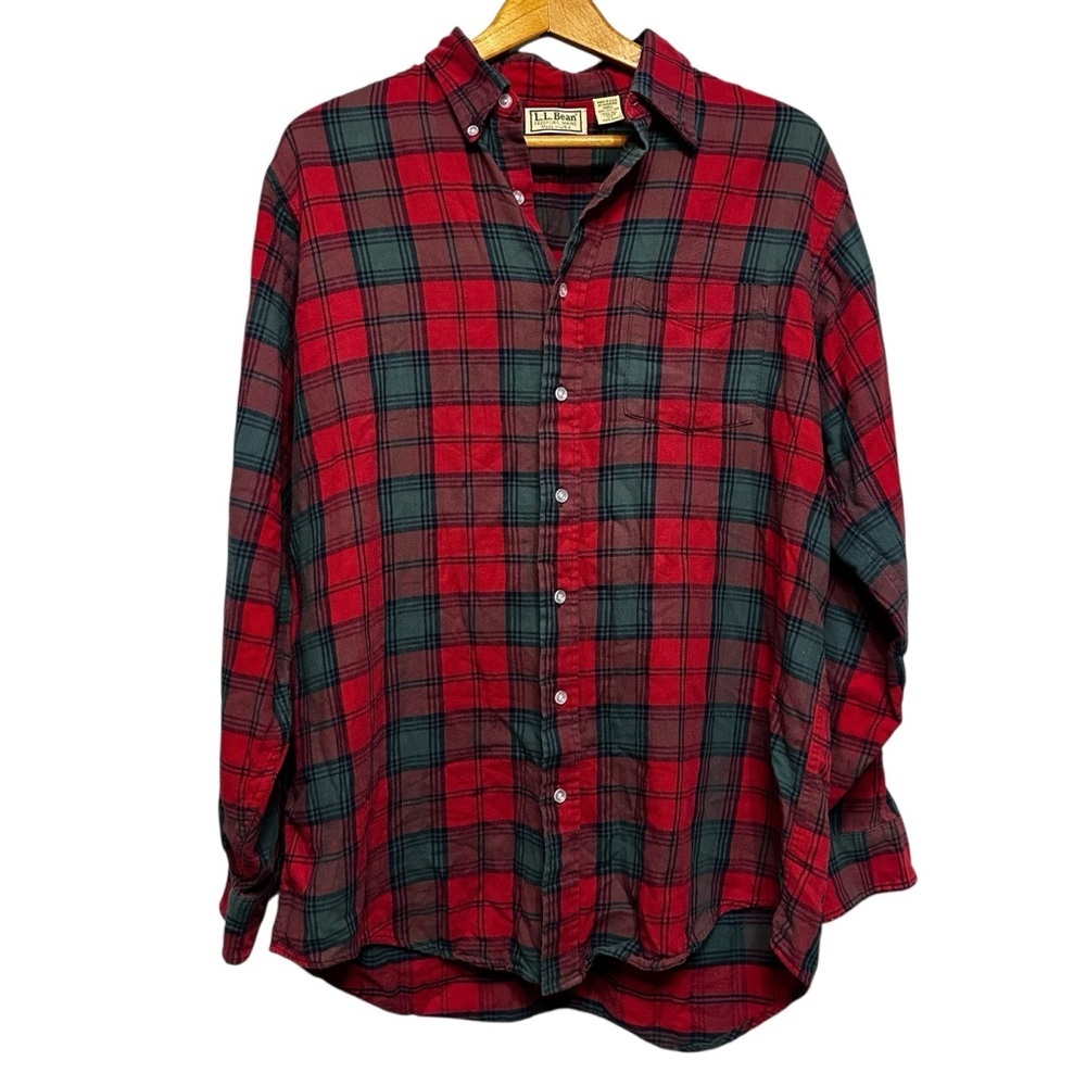 VTG L.L. Bean Red Green Plaid Button Down Made In USA Cotton Size Tall Large